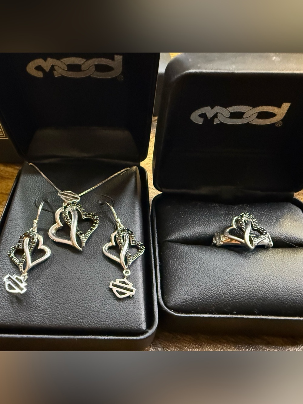 Harley Davidson Black & White Infinity Hearts Jewelry Set Ring size 8